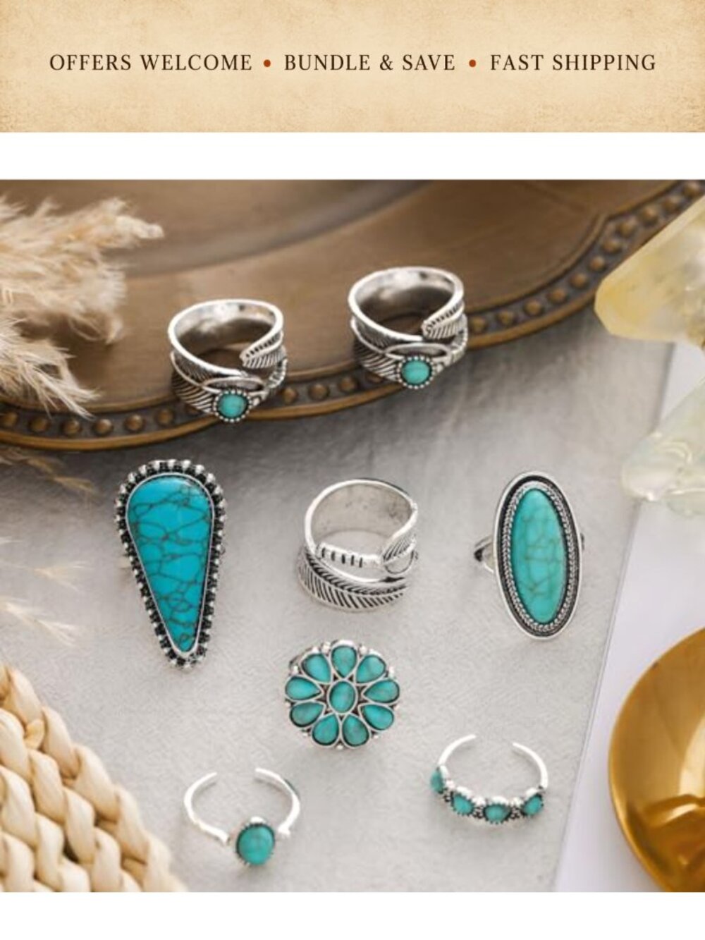 Boho Turquoise Stackable Open Midi Rings Adjustable Alloy - Picture 4 of 5